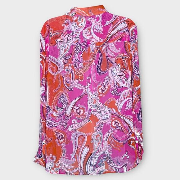 CHICO’S pink & orange semi sheer paisley easy button up blouse size 12-14 - Picture 2 of 5